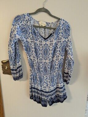 Antheopologie Blue & White Paisley V-Neck Romper